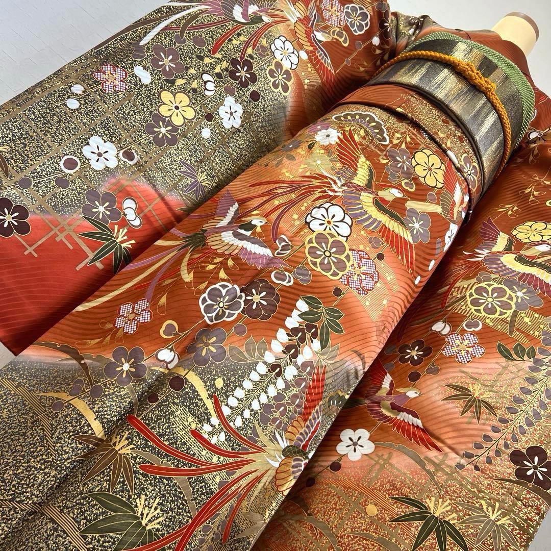 485 振袖フルセット 正絹 赤茶 テラコッタ 金彩 駒刺繍 暈し染め