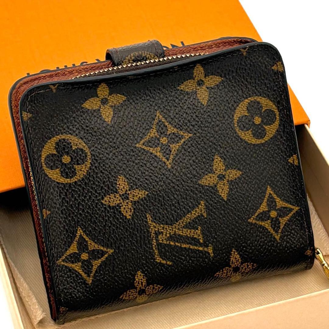 ルイヴィトン 折財布 モノグラム コンパクトジップ 茶 ブラウン 1637