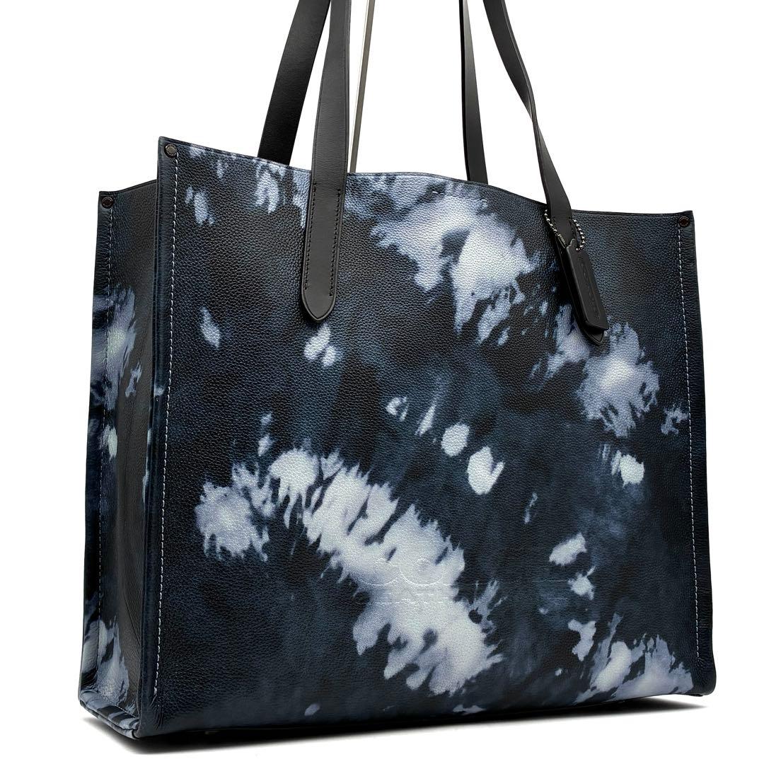 未使用に近い コーチ リレー トート タイダイプリント ロゴ レザー ネイビー