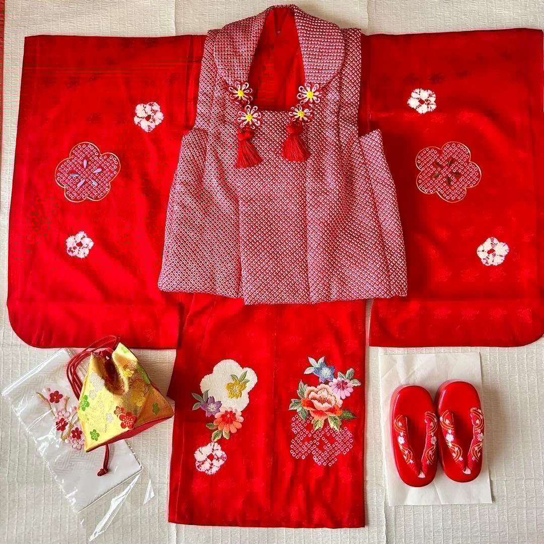 七五三 3歳 フルセット 着物 正絹 総絞り 被布 刺繍 三歳 赤 草履 753