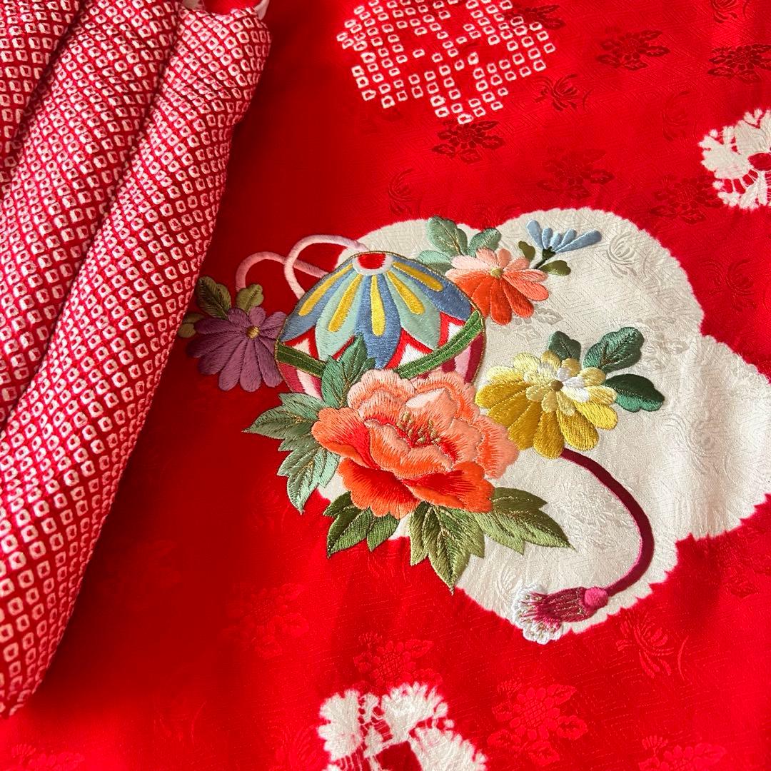 七五三 3歳 フルセット 着物 正絹 総絞り 被布 刺繍 三歳 赤 草履 753