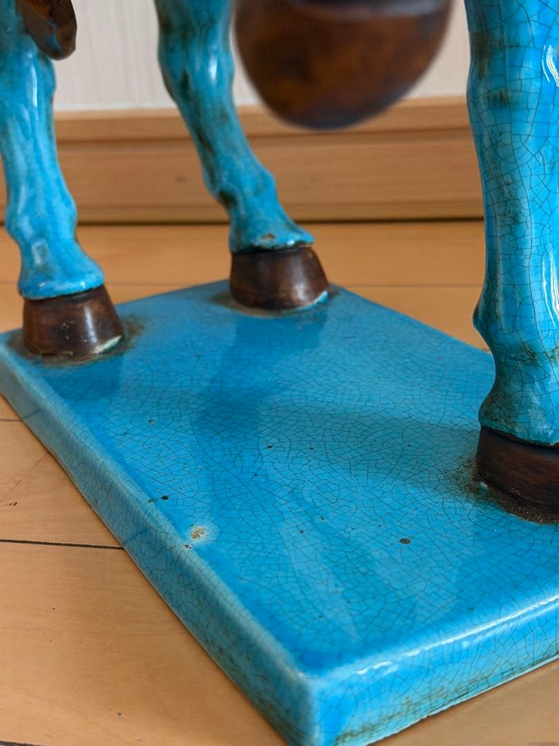 青い陶器製馬の置物 約41cm 縁起　戦馬