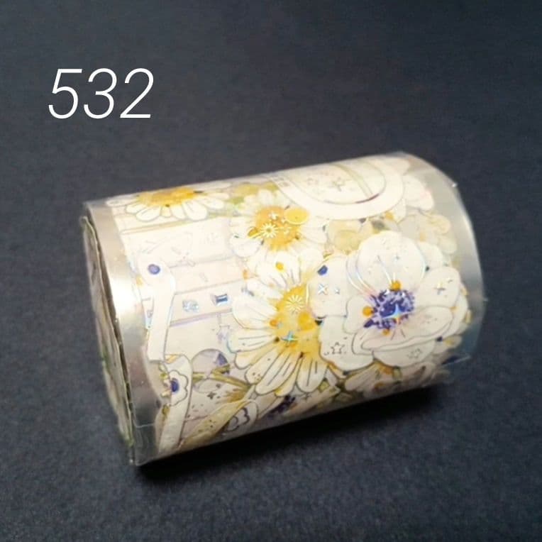 巻売 532★ 海外 マスキングテープ マステ PET 装飾 花 銀ホロ