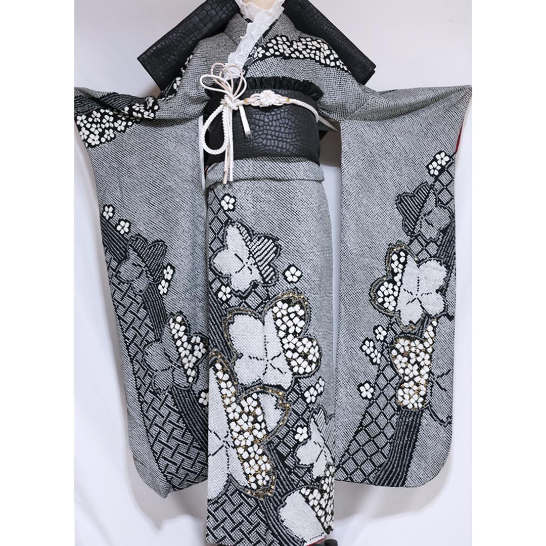 成人式直前SALE！良好！豪華黒×白 総絞り正絹振袖7点セットフルセットSG15