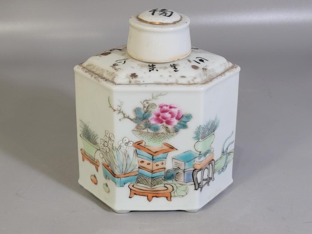 中国 色絵 花盆絵 六方 茶壷 DT448
