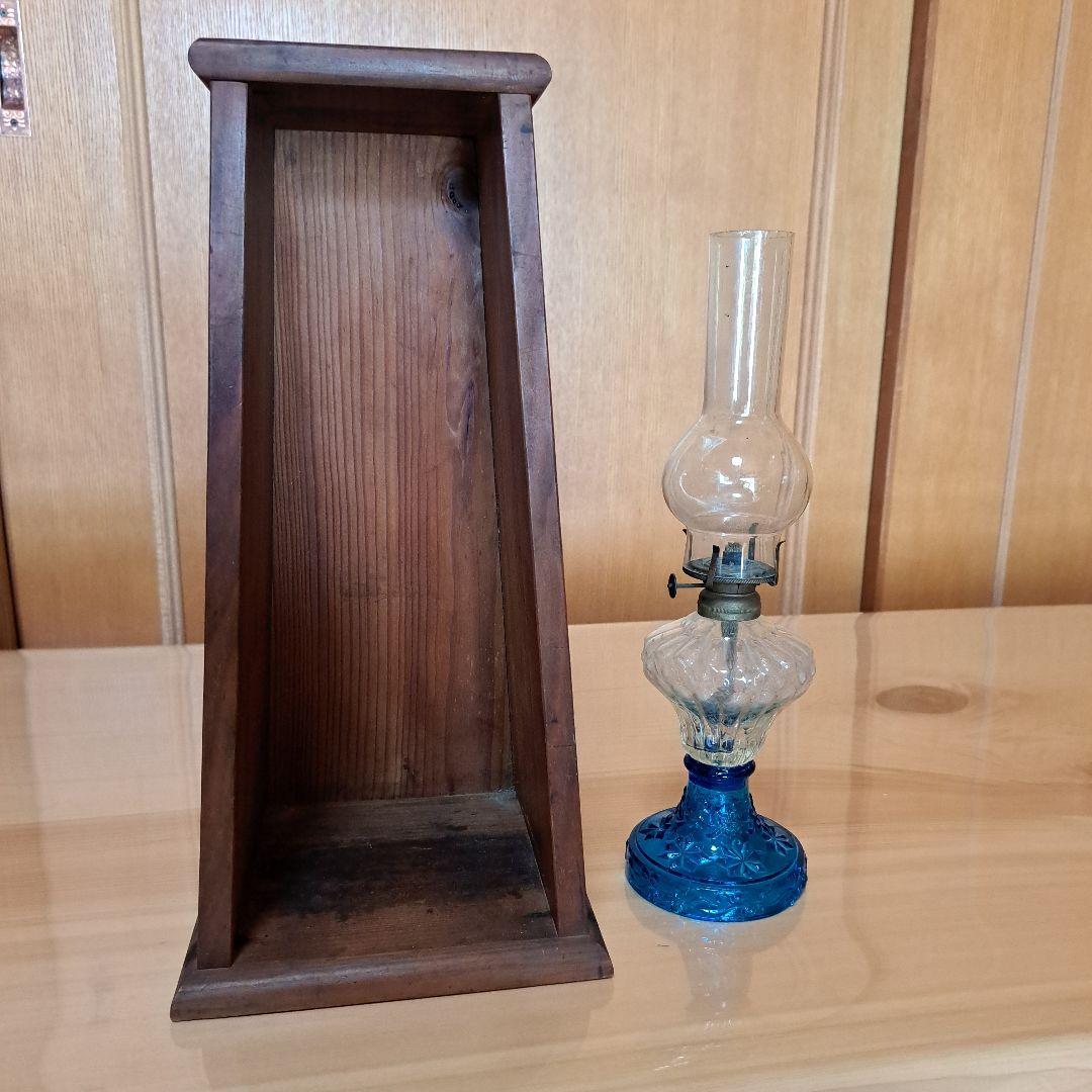 貴重品　未使用　明治〜大正期　魅惑のブルーガラス　オイルランプ　収納飾り台セット