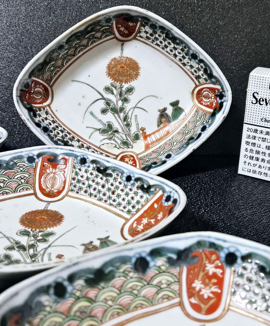 上作古伊万里❗】江戸時代末　古伊万里　錦手　菊花に波文　菱形皿5客　16.8cm