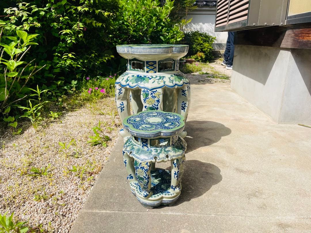 陶器/スツール/ガーデンチェア/椅子/花台/飾台/【大・小】2点セット