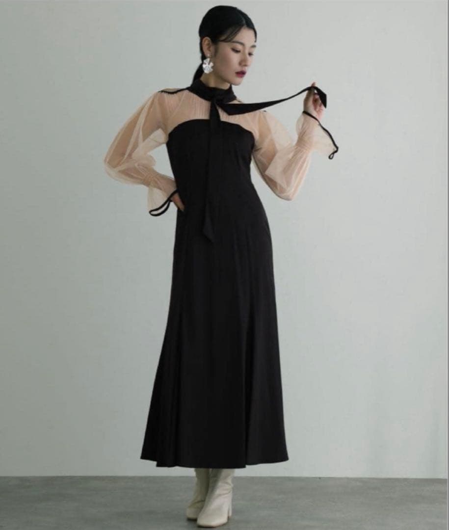 美品【atlo】袖あり&ロングパーティードレスチュールお呼ばれ結婚式フォーマル