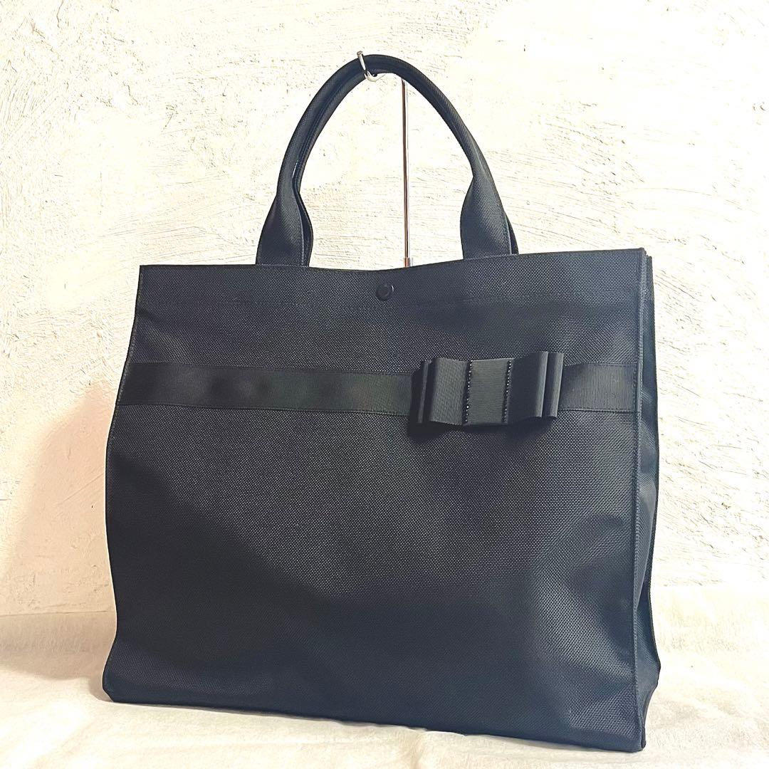 ファミリア 美品 お受験バッグ トートバッグ ブラック　ナイロン リボン