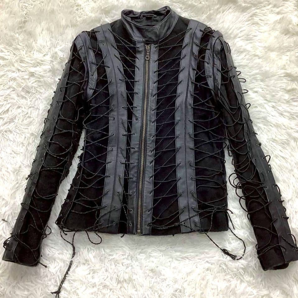 レザージャケット 編み込み ブラック メンズ サイズ L フルジップ