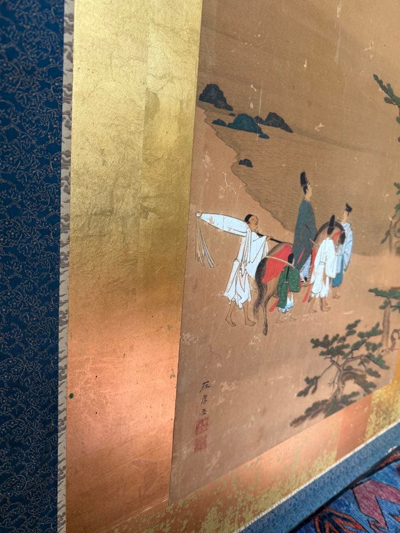 伝統的な日本屏風 大型 金屏風 二曲屏風 アンティーク