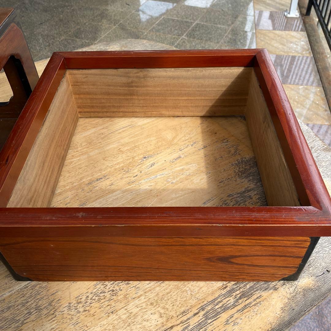 木製 四角火鉢　茶道具　古民家　灰　火箸　灰ならし　火つまみ付き