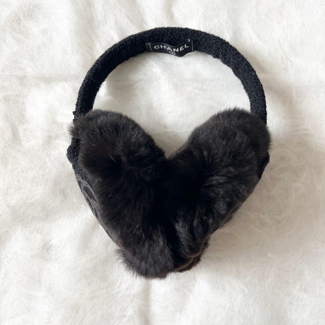 シャネル　イヤーマフ　カメリア　ココマーク　ツイード　ラパンファー　黒　ブラック