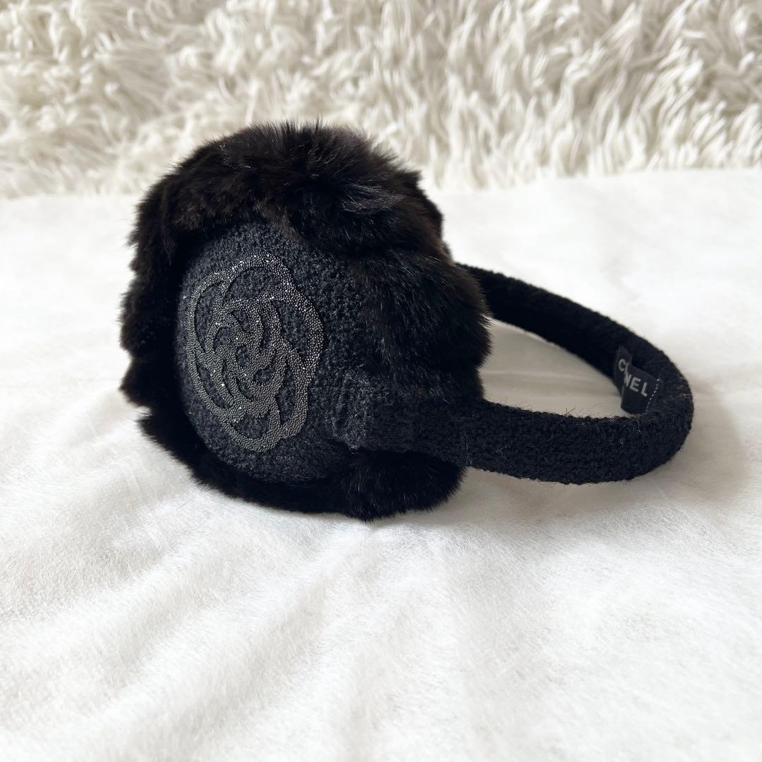 シャネル　イヤーマフ　カメリア　ココマーク　ツイード　ラパンファー　黒　ブラック