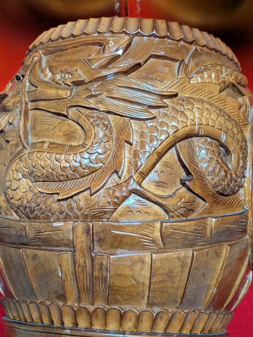 古家具　木彫り　スツール　龍鳳彫　アンティーク　小物入れ兼用