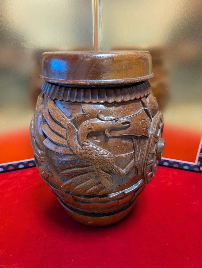 古家具　木彫り　スツール　龍鳳彫　アンティーク　小物入れ兼用