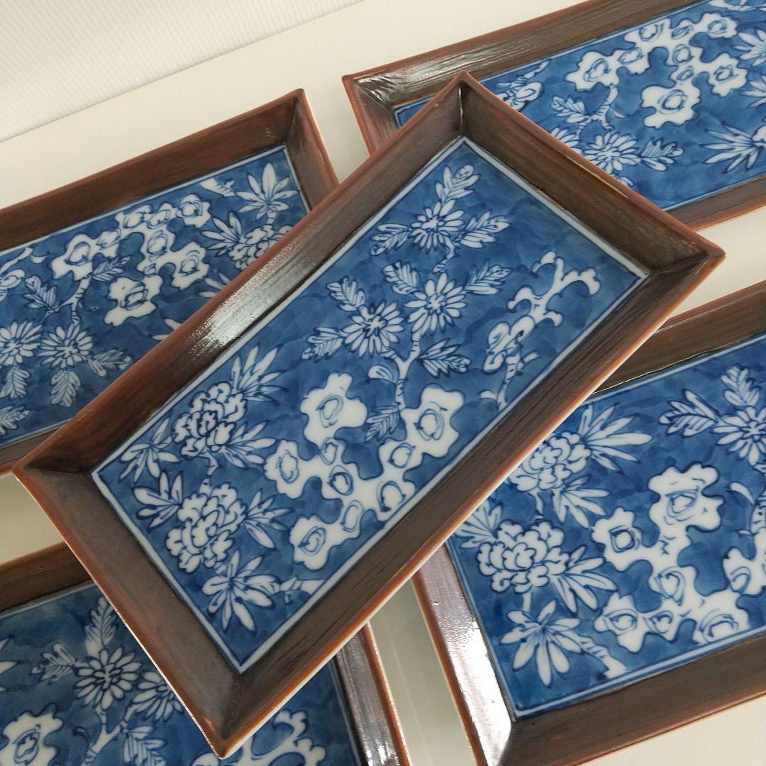 源右衛門⭐️染付花紋 角型 銘々皿 五枚組