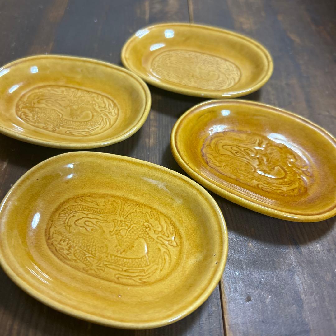 H*a様 珉平焼き　明平焼き　龍紋図　楕円形　淡路焼　菓子皿　豆皿　４枚　骨董品
