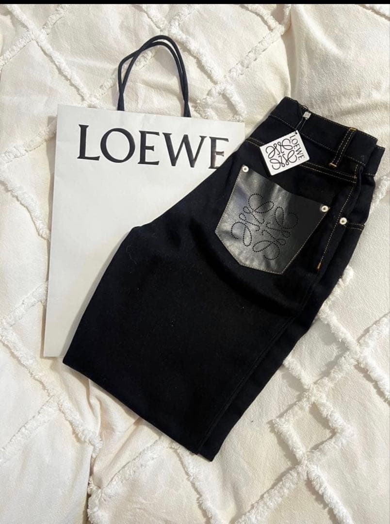 ロエベ　LOEWE デニム　パンツ　ブラック36 ポケットアナグラムレザー