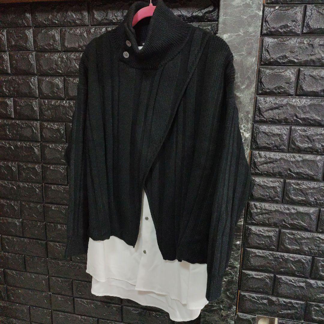 未使用品　ノーアイディー　黒×白　ドッキングハイネック ニットカーディガン