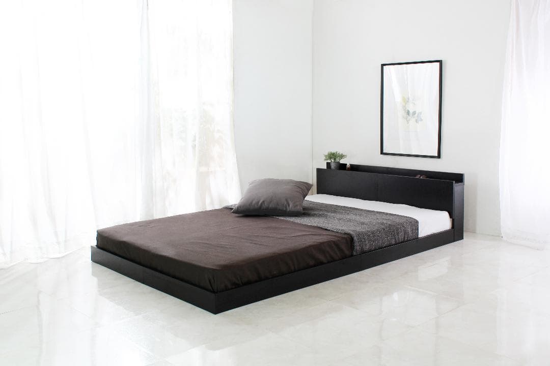 【ブラック　シングル　グレーマットレス付き】便利な宮付きフロアベッド　ローベッド