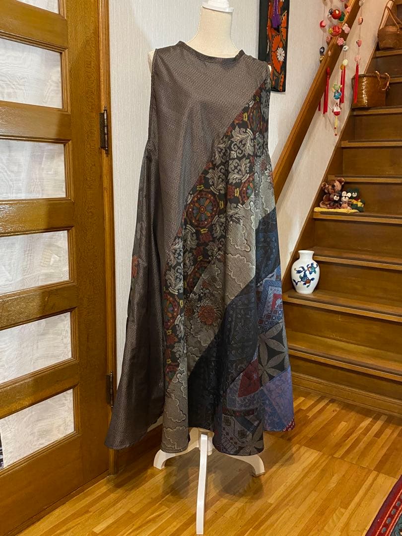 大島紬着物リメイクテントラインワンピース