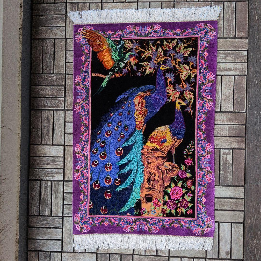 60x90cmペルシャ・クム産(320)玄関・タペストリー・絹・シルクじゅうたん