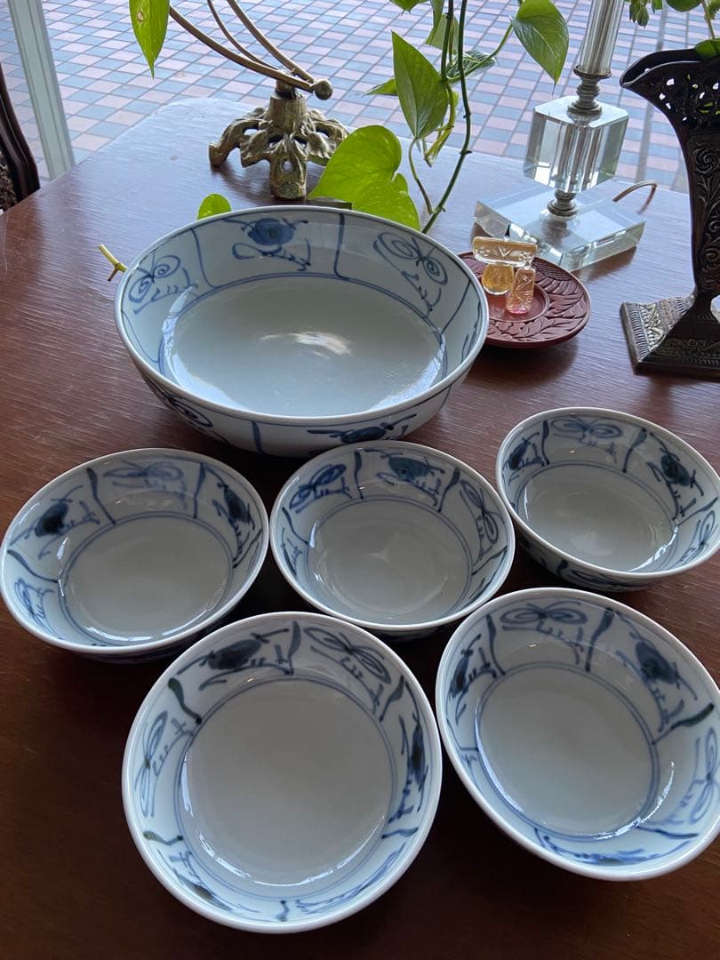 砥部焼　砥部窯　青い花柄の鉢・小鉢セットなずな文