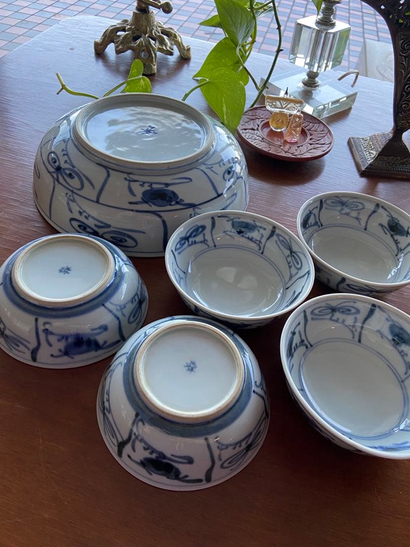 砥部焼　砥部窯　青い花柄の鉢・小鉢セットなずな文