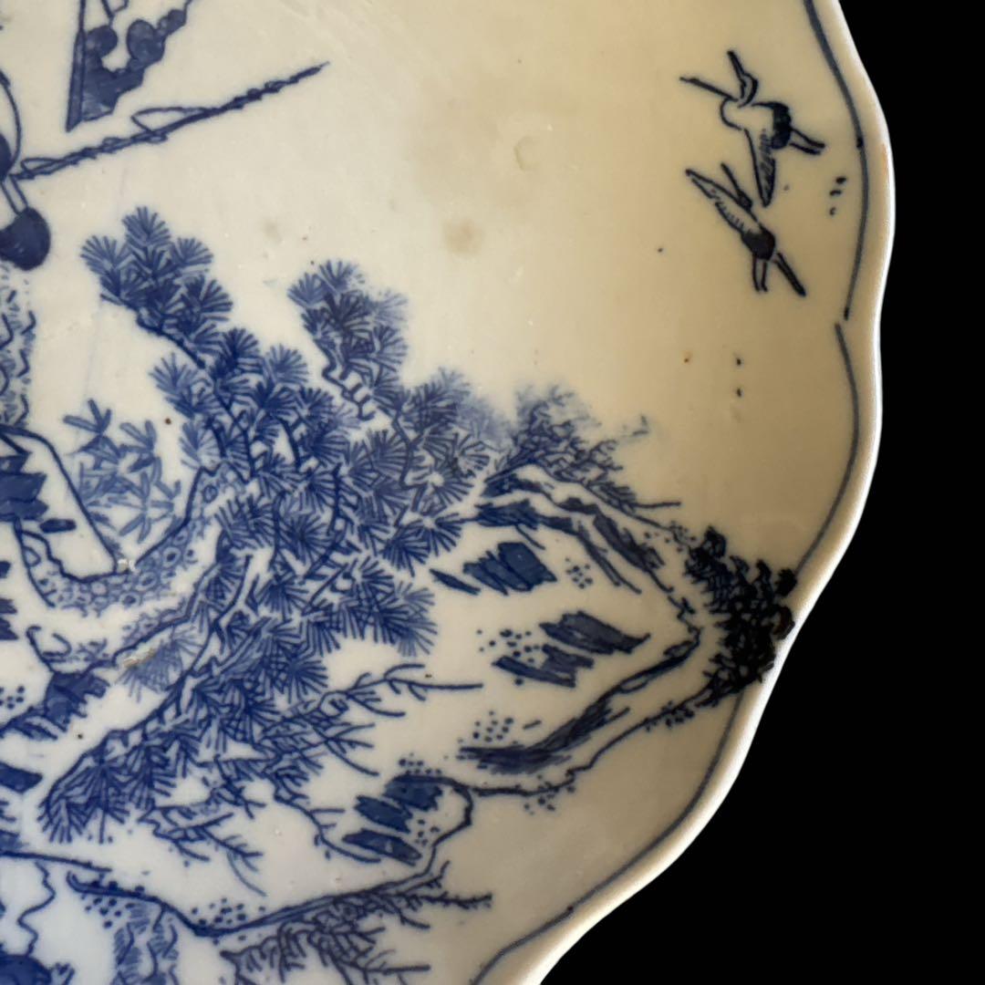 古伊万里 染付 輪鼻皿 人物文様 皿 アンティーク 鶴文 花形皿 かざりさら