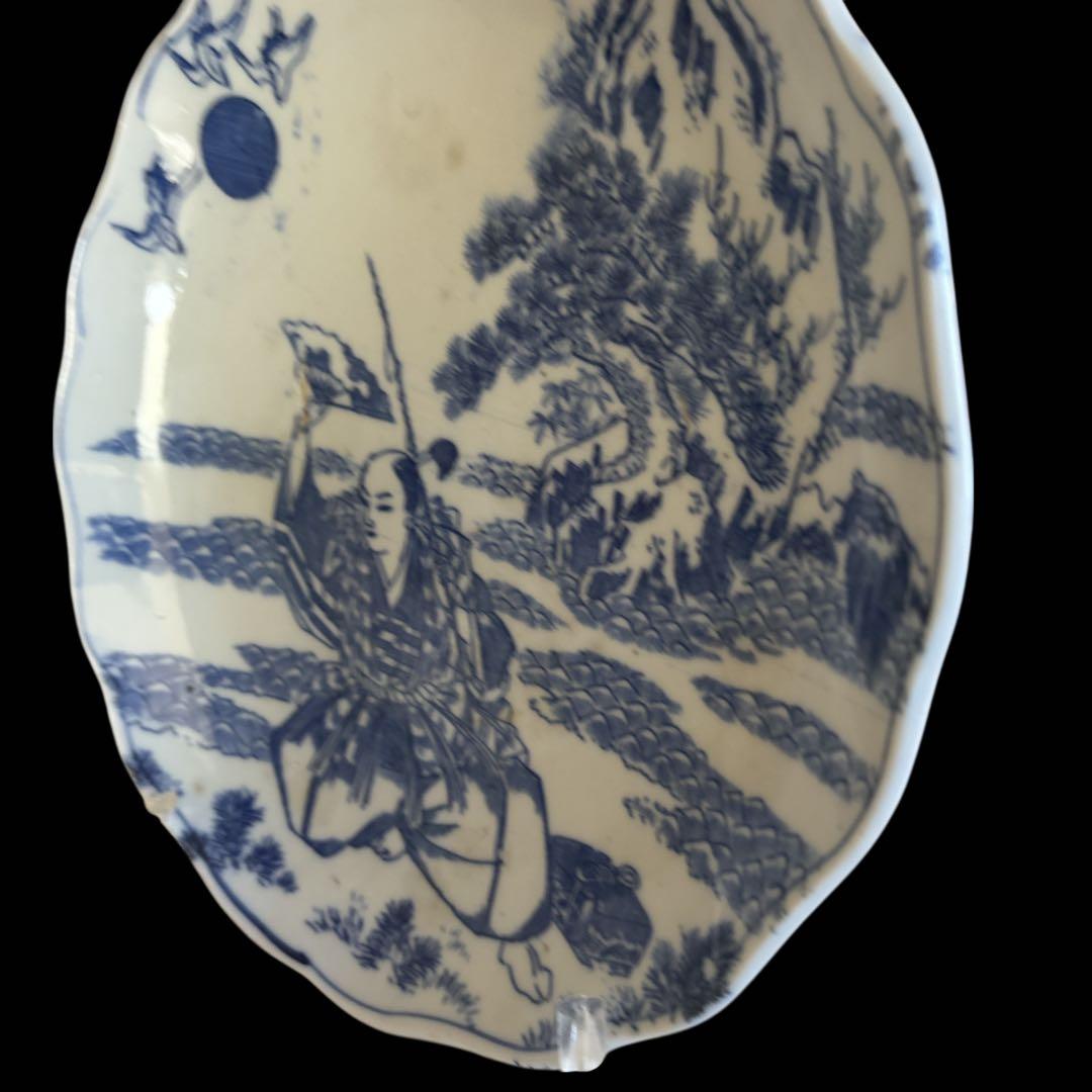 古伊万里 染付 輪鼻皿 人物文様 皿 アンティーク 鶴文 花形皿 かざりさら