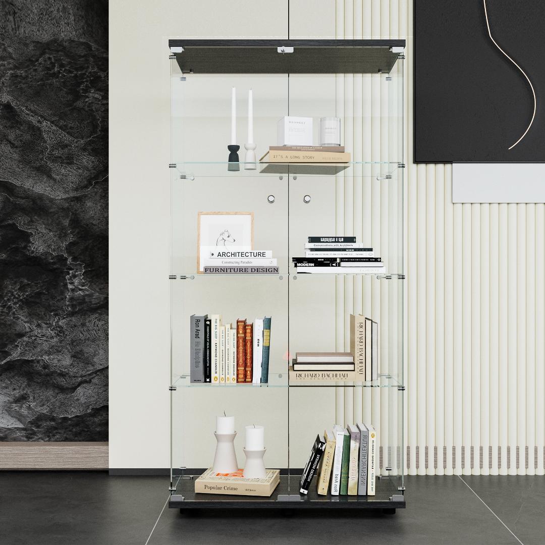 【新品】4段ワイド 棚 ブラック コレクションケース ガラス フィギュアケース