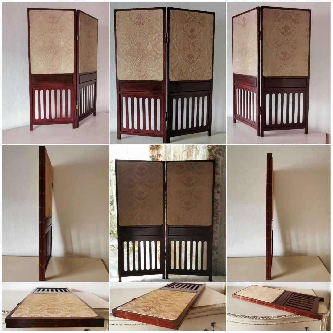 アンティーク マホガニー金彩彫刻スクリーン 子供達のセピア絵 レザー 花織生地