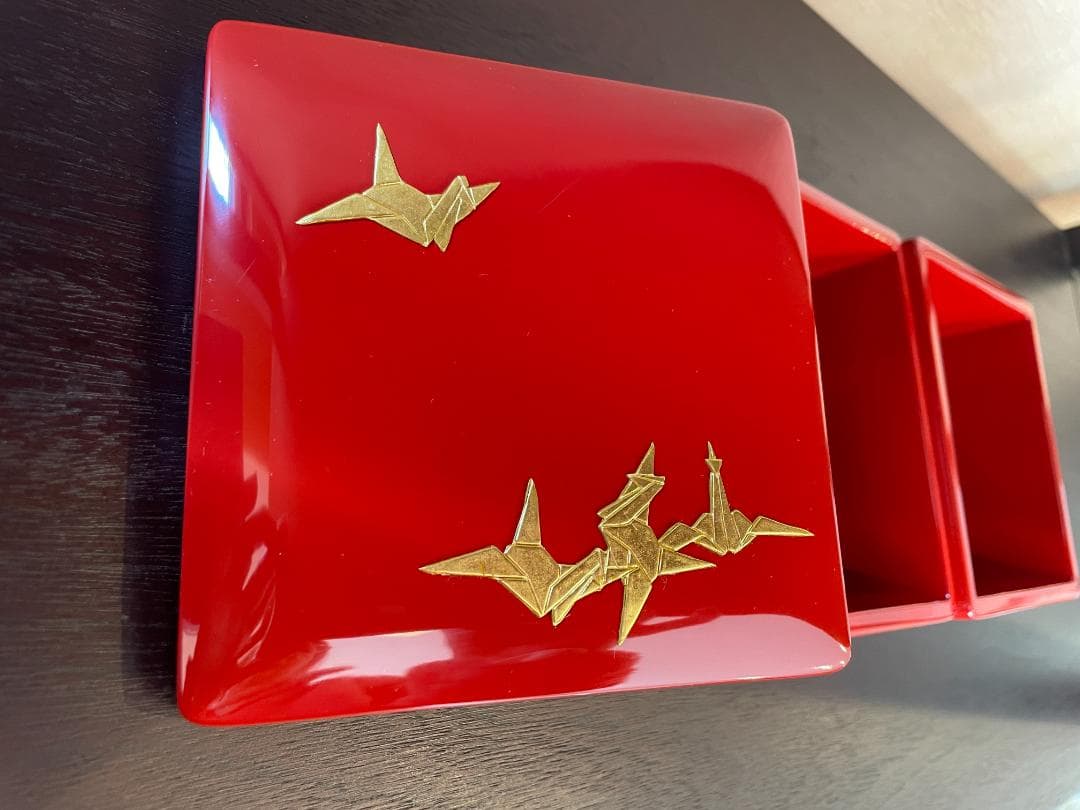 ⭐️超美品⭐️ 琉球漆器 4寸 二段お重箱 折鶴 漆の重ね箱