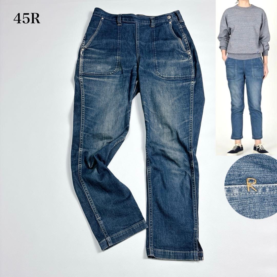 45R ライ麦デニムストレッチの桃比女 ロゴ刺繍 ロゴボタン インディゴ L