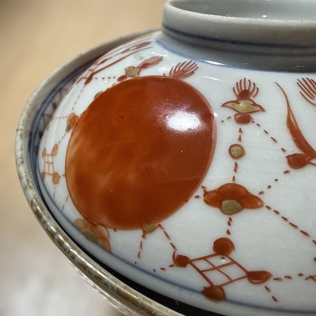 古伊万里 赤玉瓔珞紋 蓋茶碗 一客