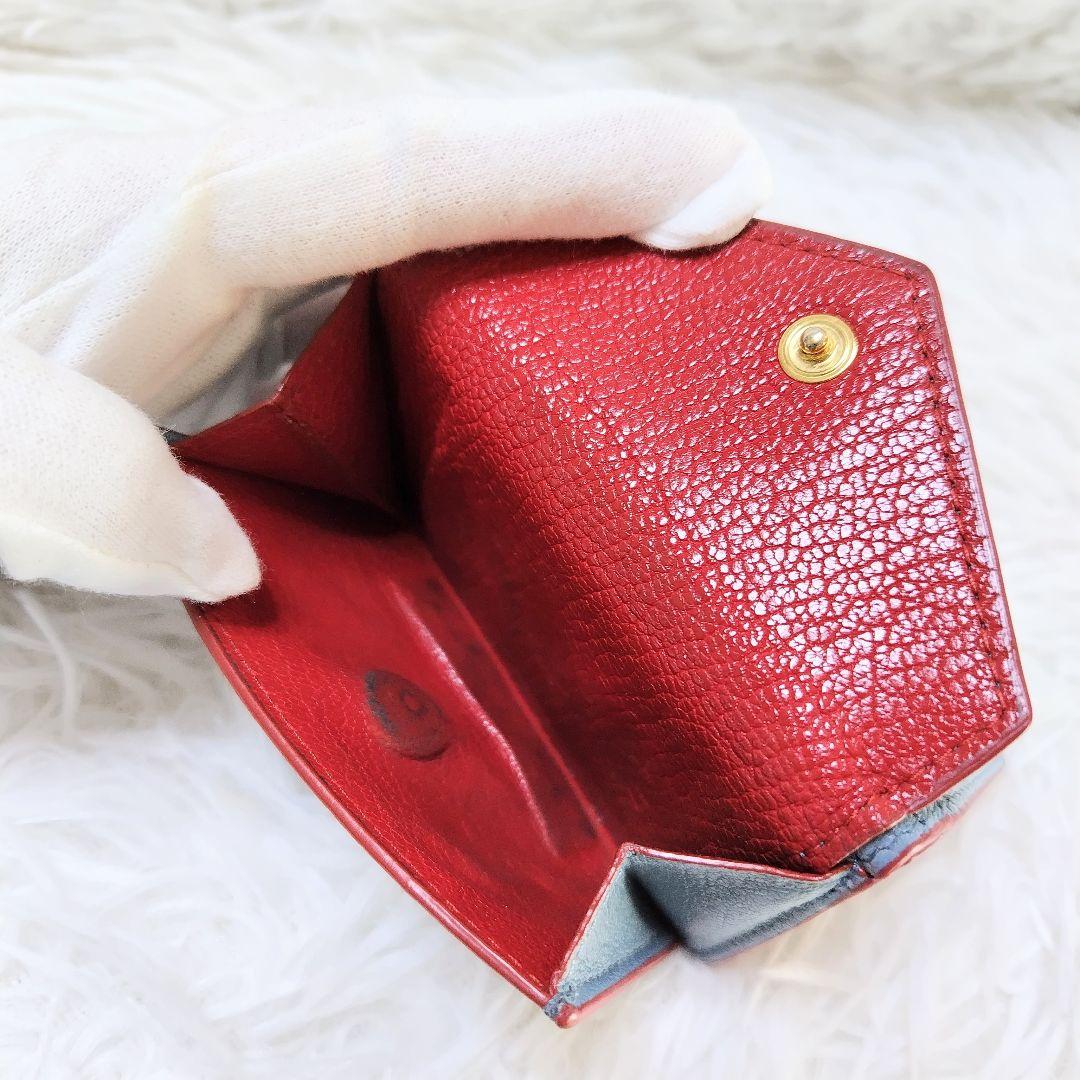 レア美品✨ミュウミュウ◇ラブレター三つ折り財布　マドラスレザーゴールド金具水色