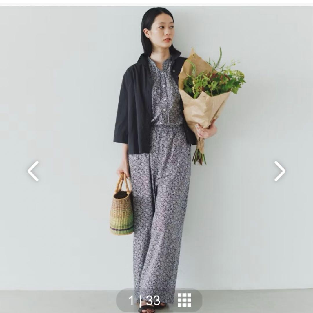 リバティプリントのオールインワン（Mサイズ）ブラック×ホワイト