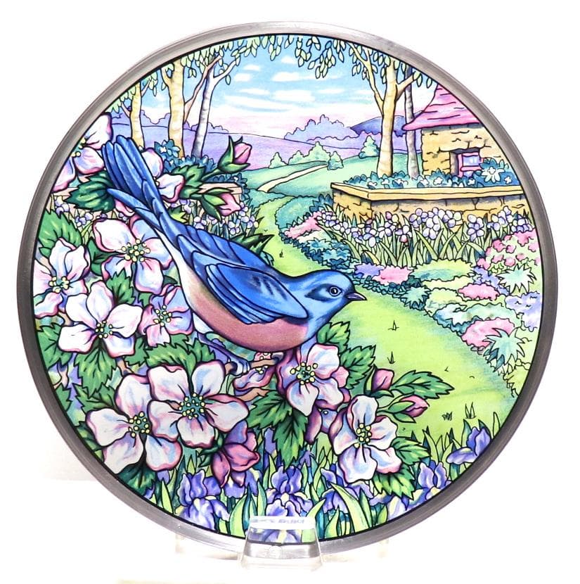 青いハチドリ パステルカラー ヴィンテージ ステンドグラス 鳥 ピンクの花畑風景