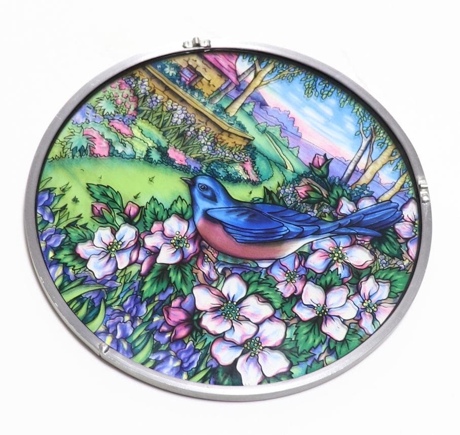 青いハチドリ パステルカラー ヴィンテージ ステンドグラス 鳥 ピンクの花畑風景