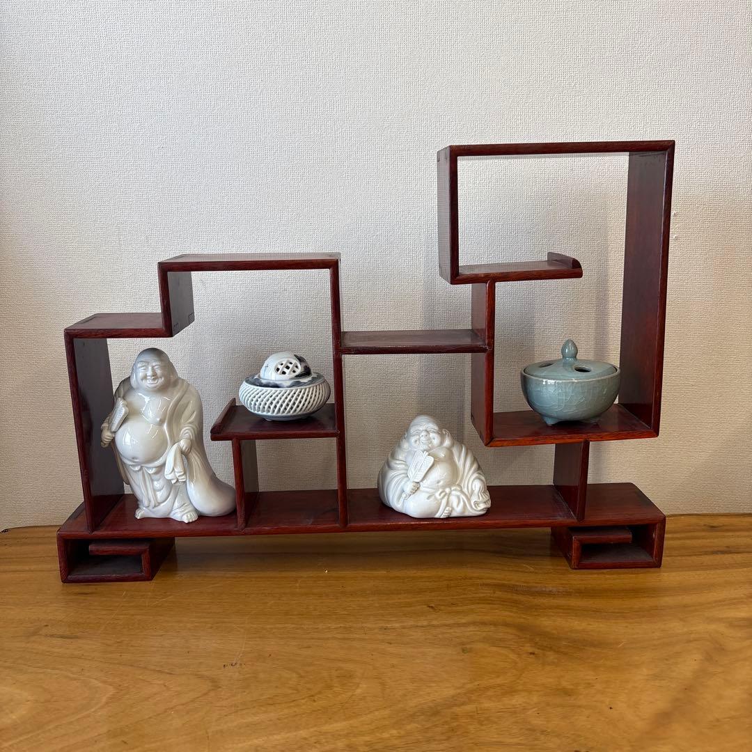 違棚　木製　高さ約36.5cm 横幅約53cm 置物　香炉セット