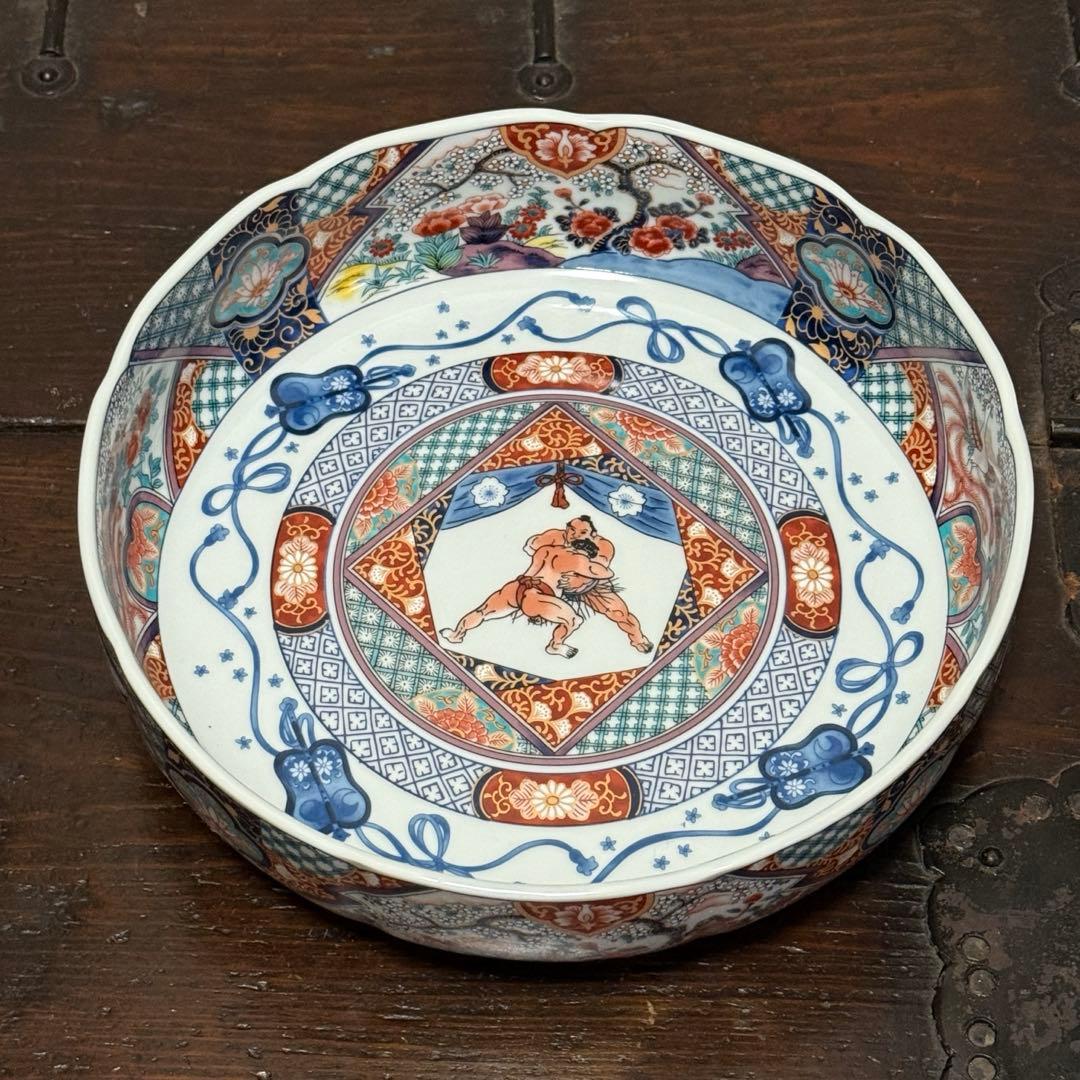 【古伊万里】未使用の色絵大皿・大鉢 大相撲@大翔山引退記念27cm