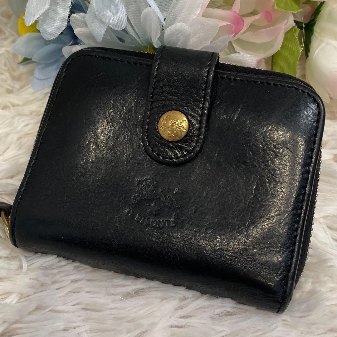 ILBISONTE イルビゾンテ 二つ折り財布 ブラック 金ボタン レザー 革