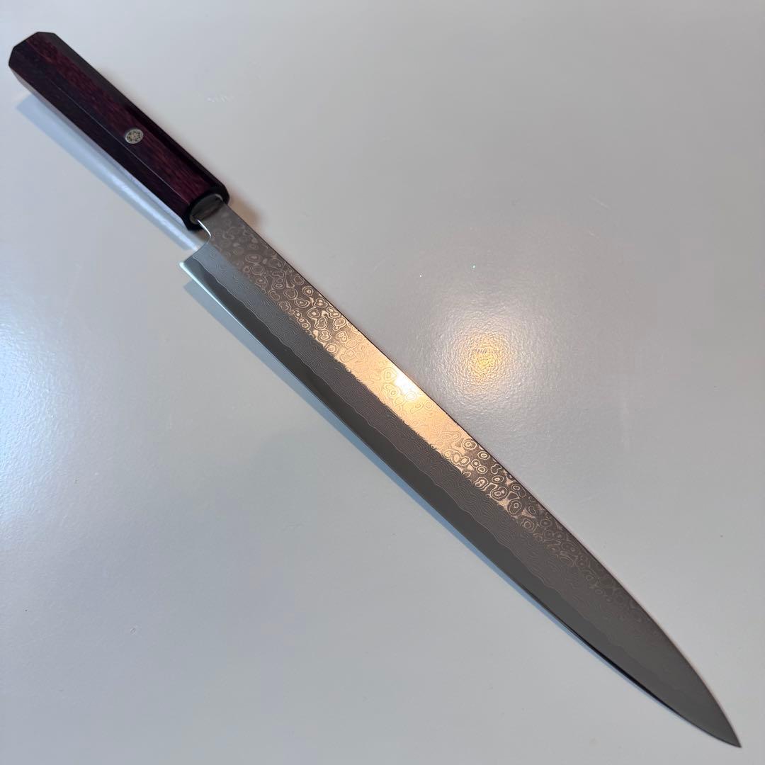 270mm ダマスカス墨流し柳刃包丁 紫檀八角柄 鏡面仕上げ 刺身用