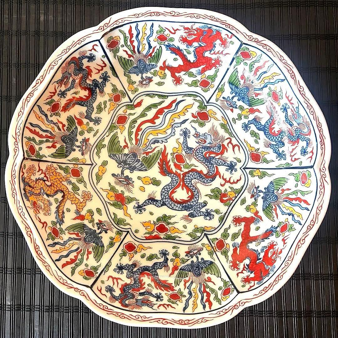 【未使用保管品】【弥左衛門窯】【古伊万里】染錦輪花盛鉢 龍 鳳凰紋 大皿