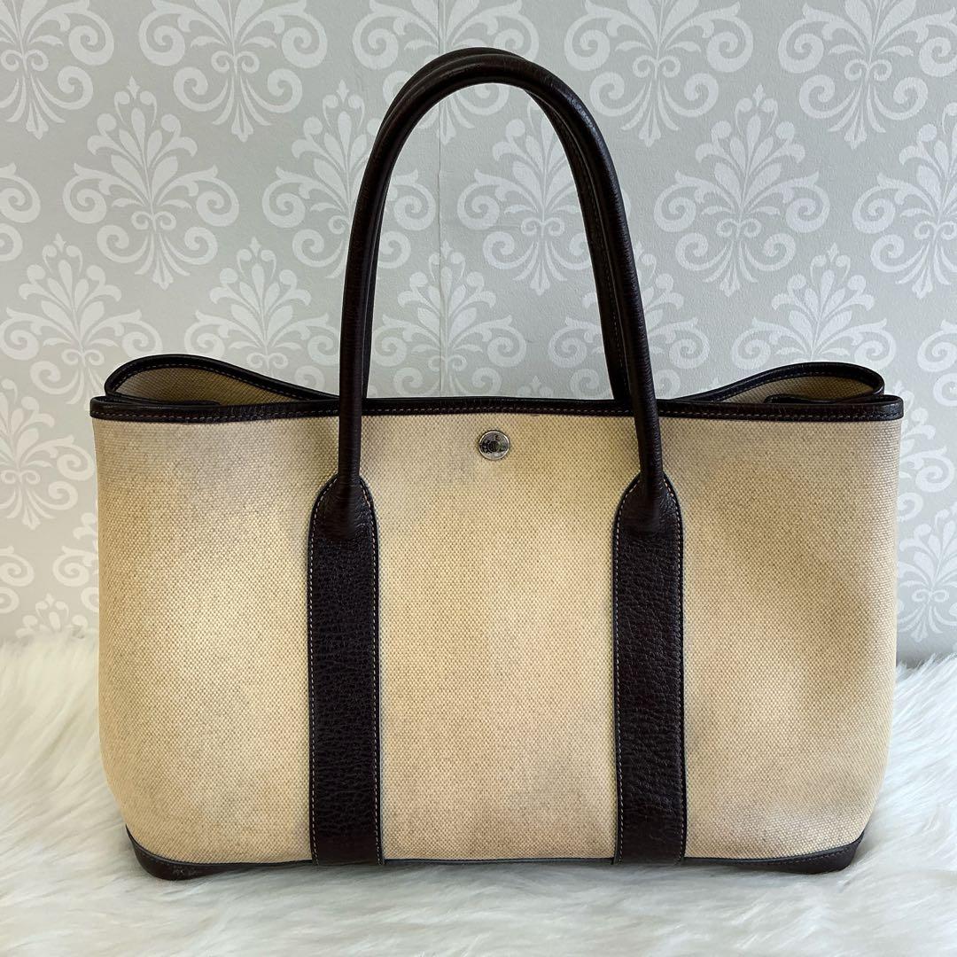 エルメス ガーデンパーティーPM トートバッグ トワルアッシュキャンバス レザー