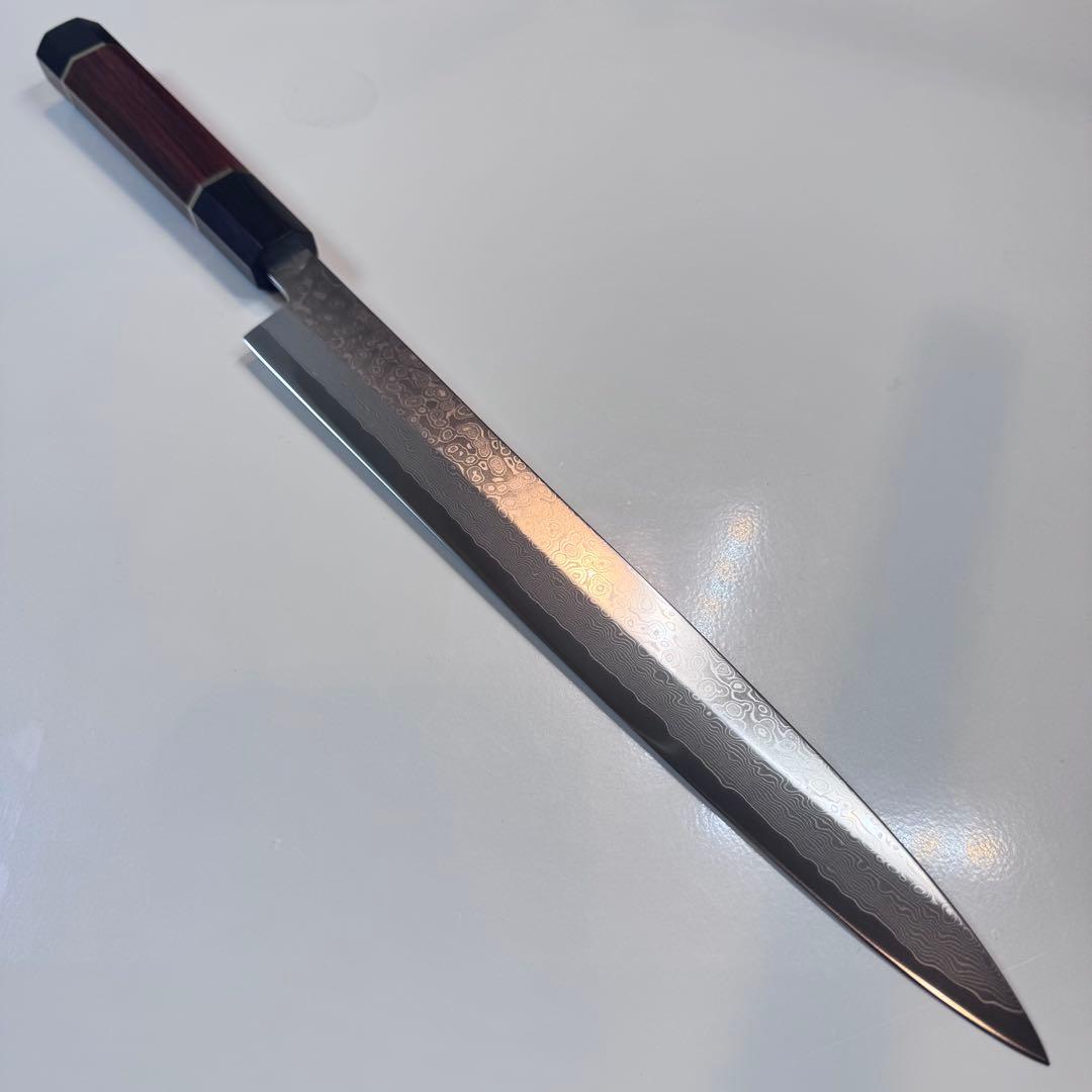 270mm ダマスカス　墨流し　柳刃包丁 天然木八角柄 鏡面仕上げ 刺身用