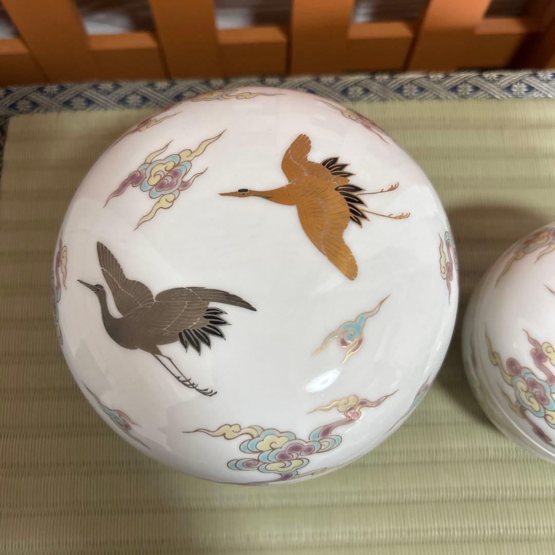 期間限定値下！深川製磁 金彩雲鶴図 蓋物 ボンボニエール 大小 菓子器 2客