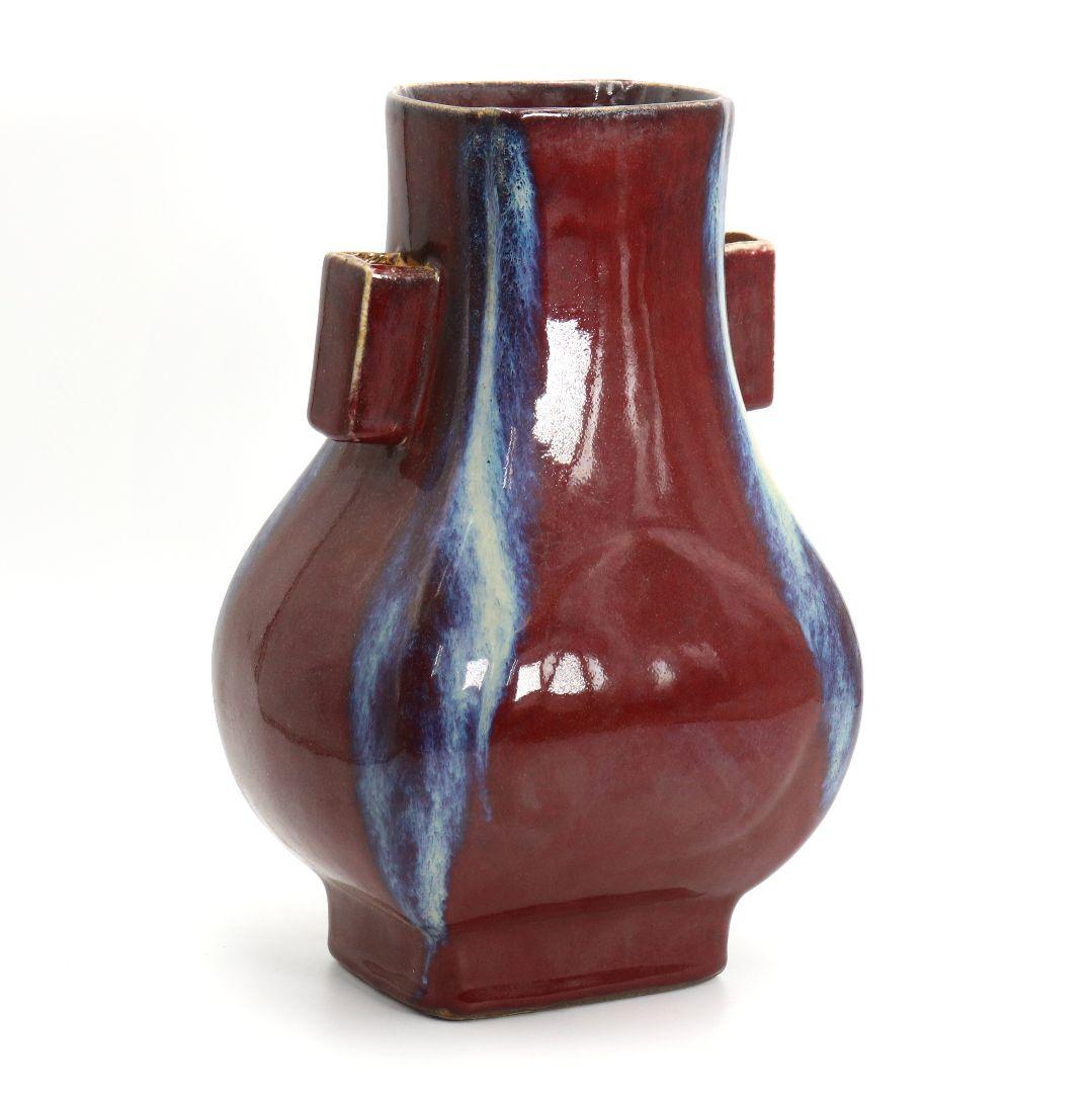 中国 雍正年製款 辰砂釉双耳花瓶 赤釉　M696